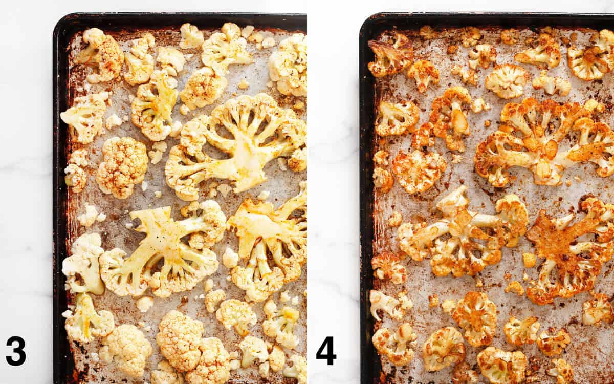 Cauliflower steaks on a sheet pan before and after they are roasted.