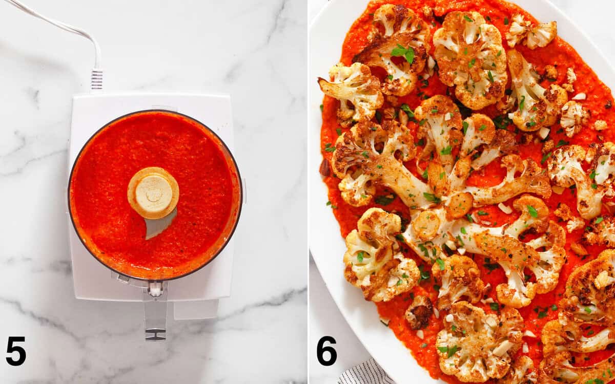 Roasted red pepper hummus in a food processor. Roasted cauliflower steaks on a platter with pesto.