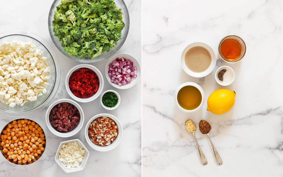 Ingredients including broccoli, cauliflower, sun dried tomatoes, olives, red onions, parsley, feta, olive oil, red wine vinegar, tahini, mustard, garlic, salt and pepper.