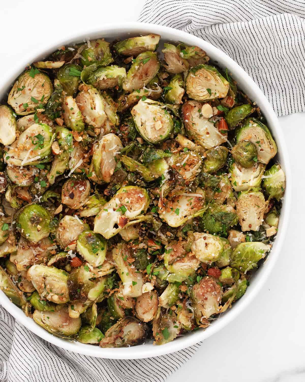 Roasted balsamic brussels sprouts in a bowl.