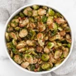 Roasted balsamic brussels sprouts in a bowl.