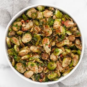 Roasted balsamic brussels sprouts in a bowl.
