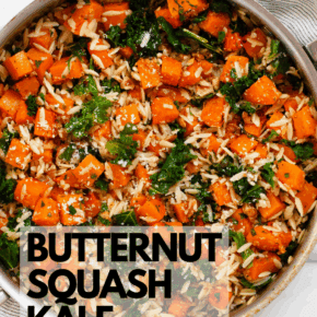 Roasted butternut squash kale orzo in a pan.