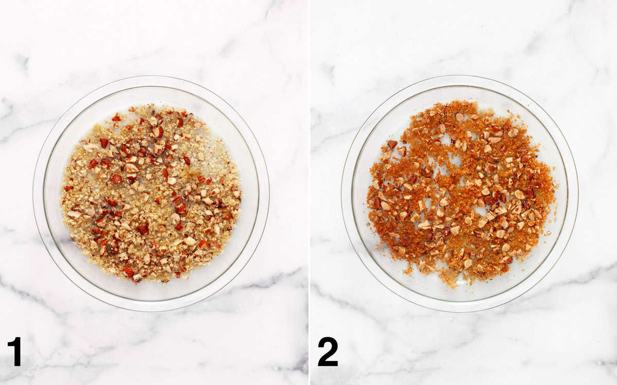 Breadcrumb mixture in a pie dish before and after you toast them in the oven.