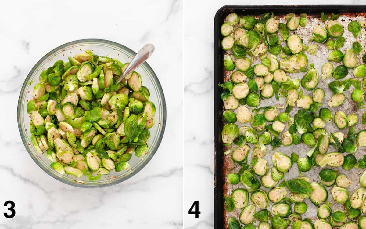 Brussels sprouts tossed with balsamic marinade. Brussels sprouts spread across a sheet pan.