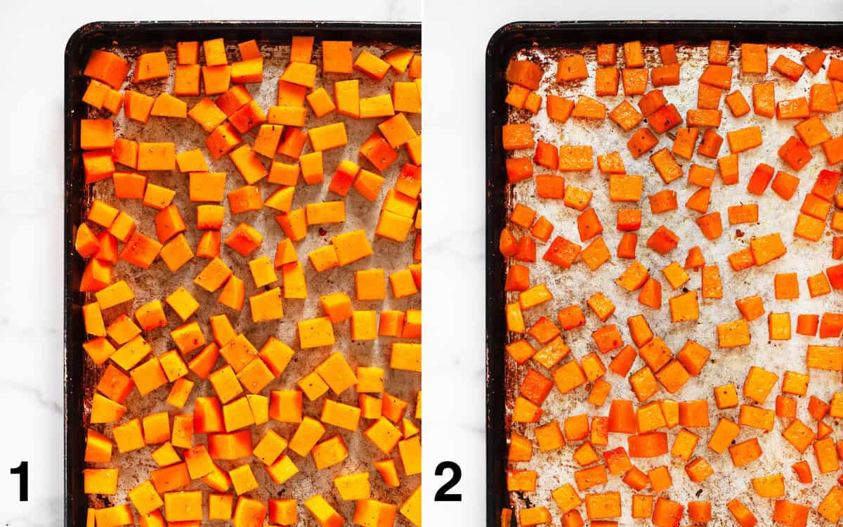 Butternut squash on a sheet pan before and after it roasts.