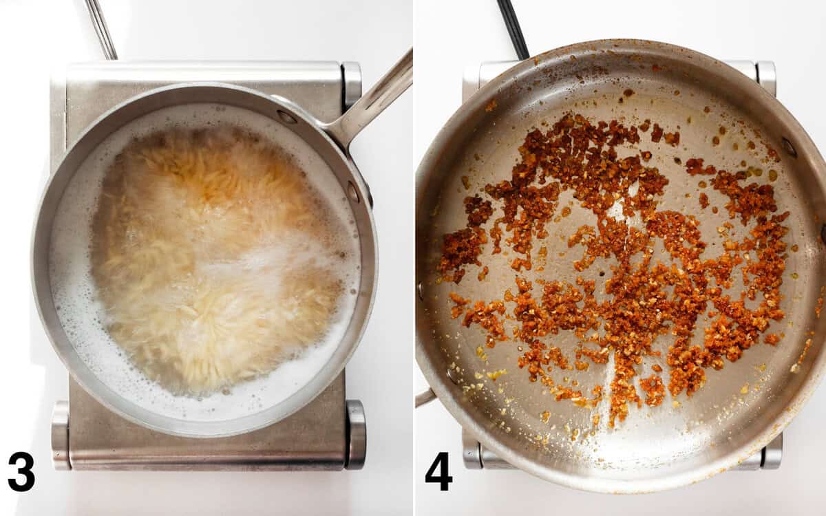 Orzo simmering in a pot. Breadcrumbs toasting in saute pan.