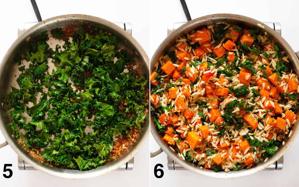 Kale sauteing in a pan. Roasted butternut squash and orzo stirred into orzo.