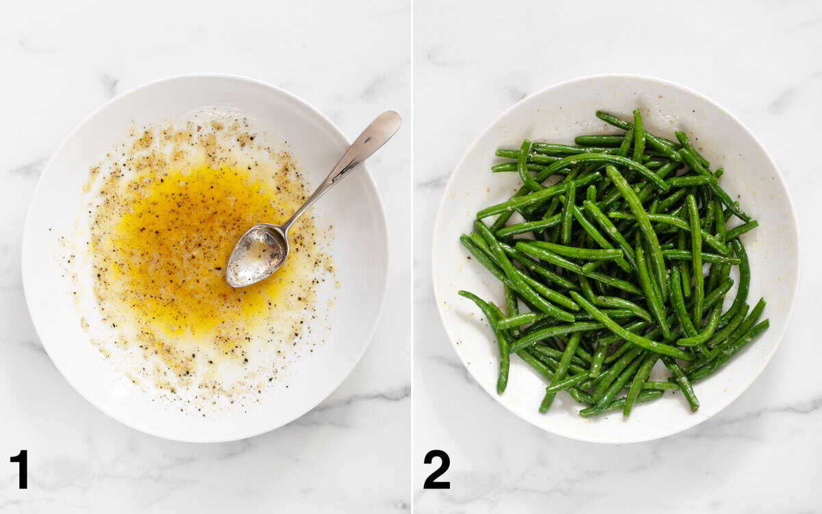 Lemon-oil-garlic- mixture in a bowl. Green beans tossed in marinade.
