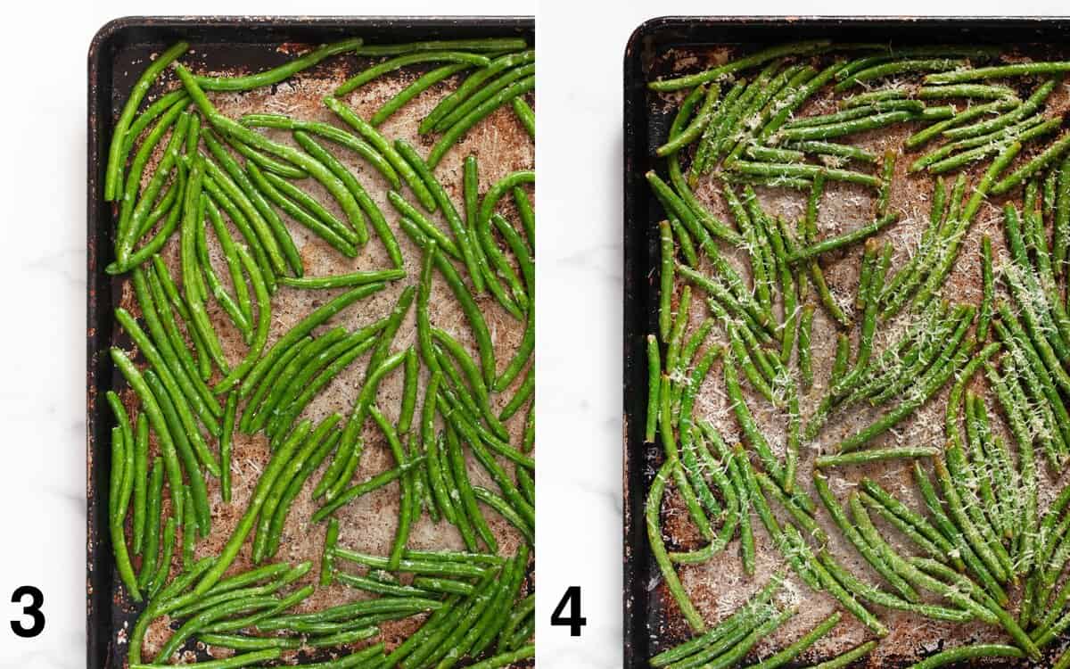 Fresh green beans on a sheet pan. Partially roasted green beans sprinkled with grated parmesan on the pan.