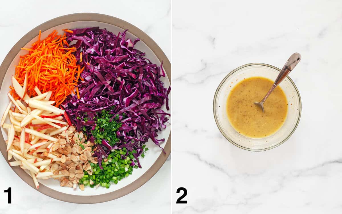 Salad ingredients in a large bowl. Tahini dressing in a small bowl.