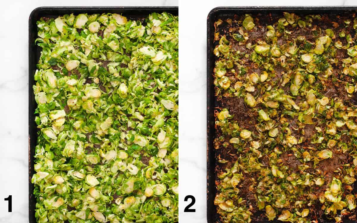 Shredded brussels sprouts on a sheet pan before and after they roast.