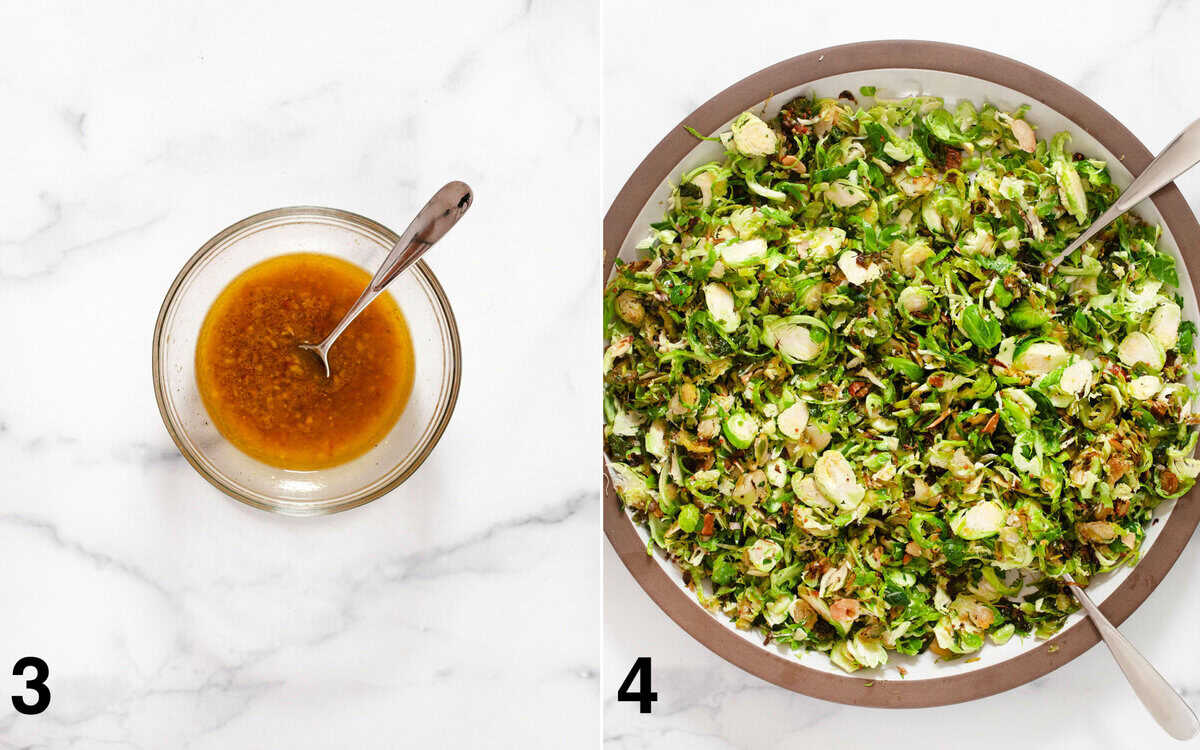 Vinaigrette in a small bowl. Salad ingredients tossed in a bowl with dressing.