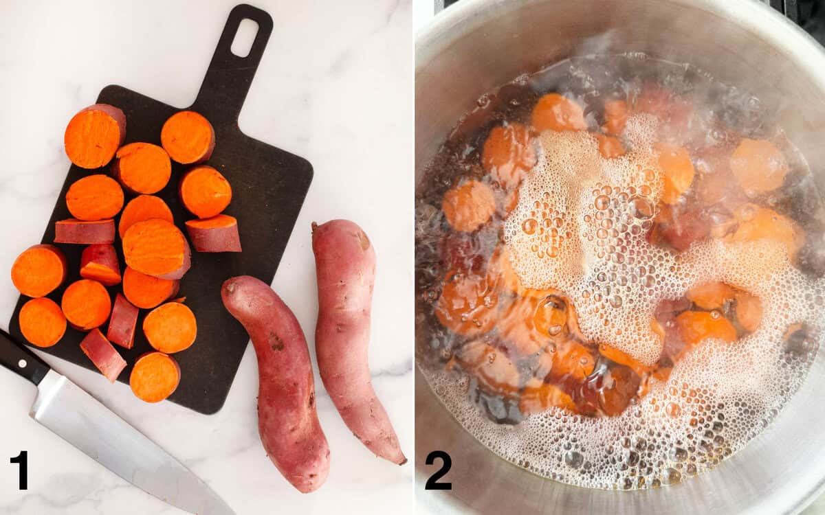 Sweet potatoes sliced into rounds on a cutting board. Sweet potatoes simmering in a pot on the stove.