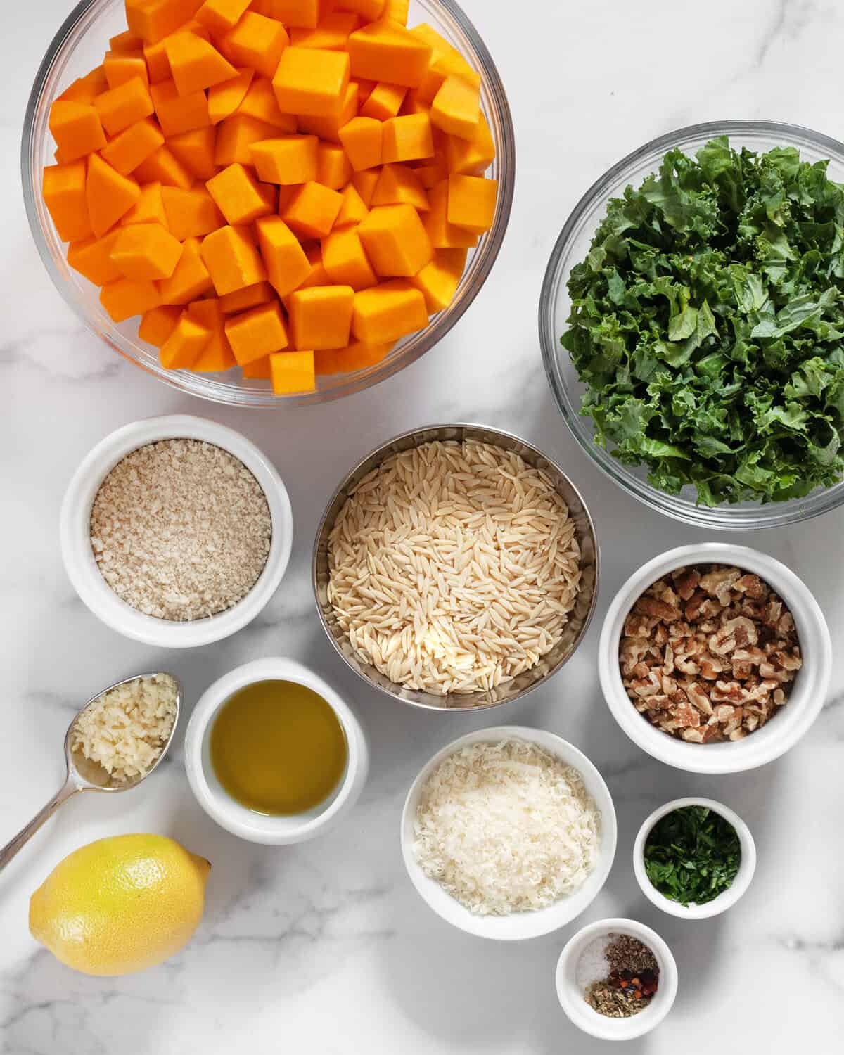 Ingredients including butternut squash, kale, orzo, breadcrumbs, garlic, parmesan, walnuts, lemon, olive oil and seasonings.
