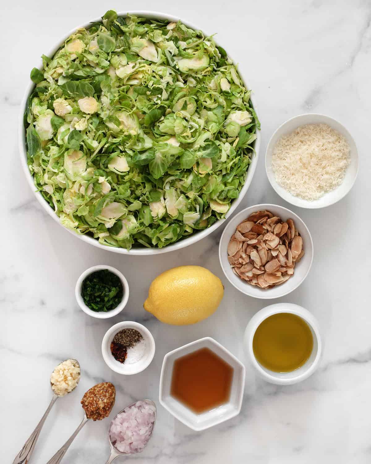Ingredients including shredded brussels sprouts, lemon, parmesan, almonds, seasonings, red wine vinegar, mustard, garlic, shallots and parsley.