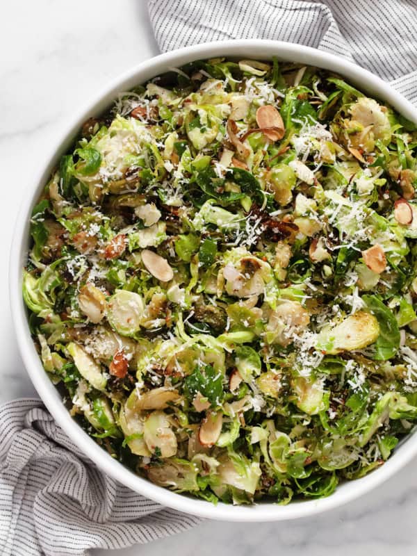 Roasted brussels sprout salad in a bowl.