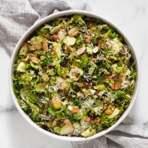 Roasted brussels sprout salad in a bowl.