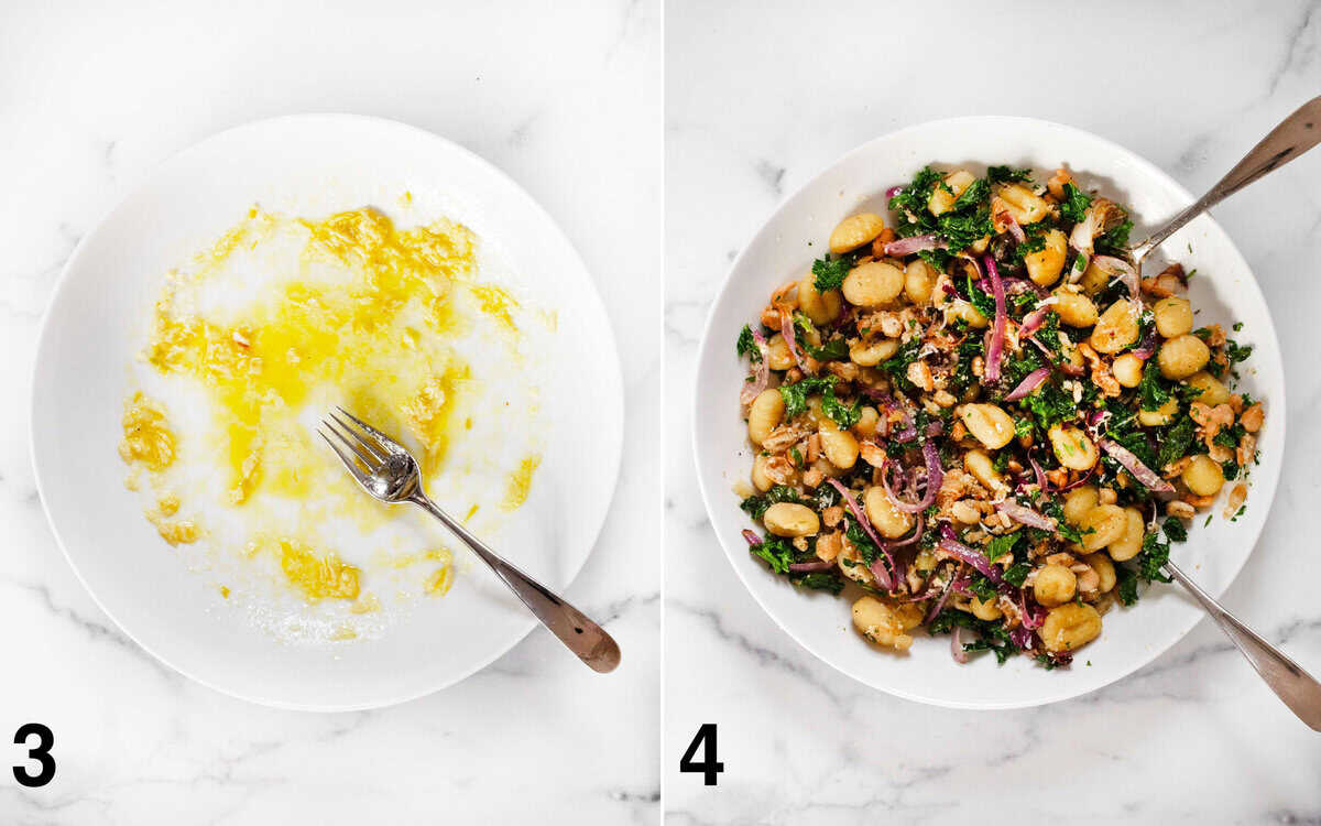 Roasted garlic mixed with olive oil and lemon juice in a large bowl. Gnocchi, kale, red onions and white beans stirred into lemon-garlic-oil mixture.