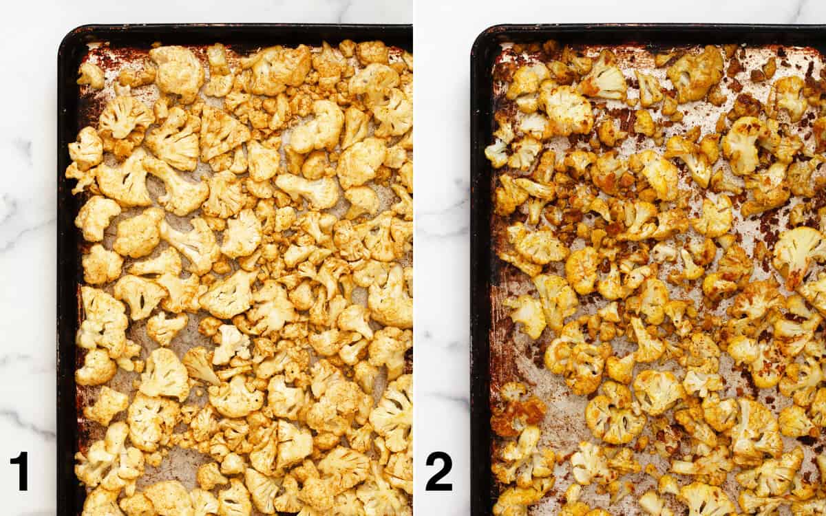 Tahini marinated cauliflower on a sheet pan before and after you roast it.