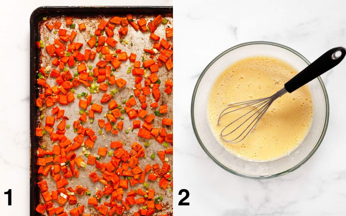 Roasted sweet potatoes tossed with scallions and garlic on a sheet pan. Eggs, cottage cheese and milk whisked in a bowl.