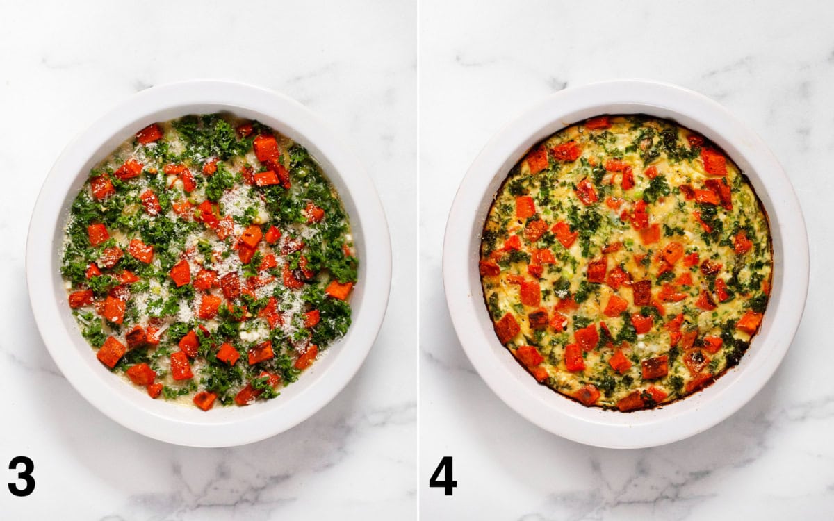 Assembled egg bake in a pie dash before and after it cooks in the oven.