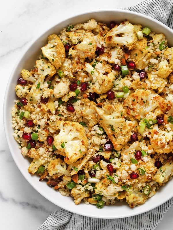 Tahini roasted cauliflower couscous in a bowl.