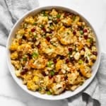 Tahini roasted cauliflower couscous in a bowl.