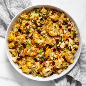 Tahini roasted cauliflower couscous in a bowl.