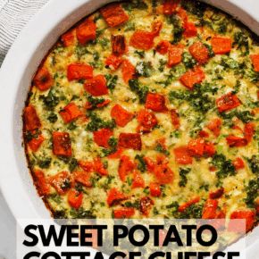 Roasted sweet potato cottage cheese egg bake in a pie dish.