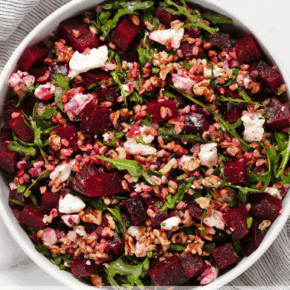 Roasted beet farro salad in a bowl.