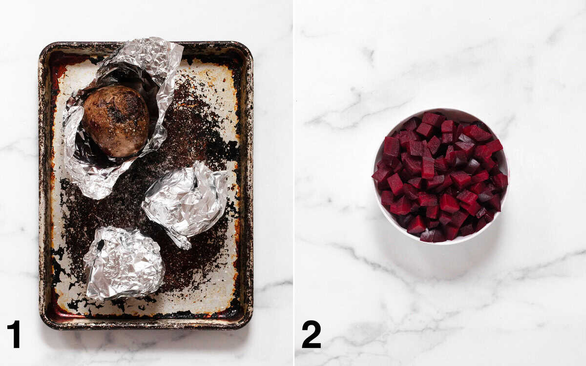 Foil packets with beets on a sheet pan. Diced beets in a bowl.