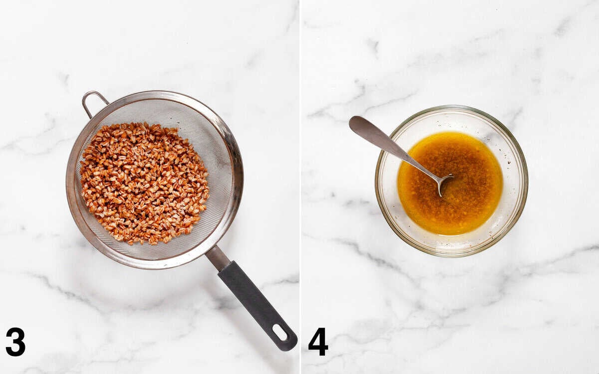 Farro in a strainer. Vinaigrette mixed in a small bowl.