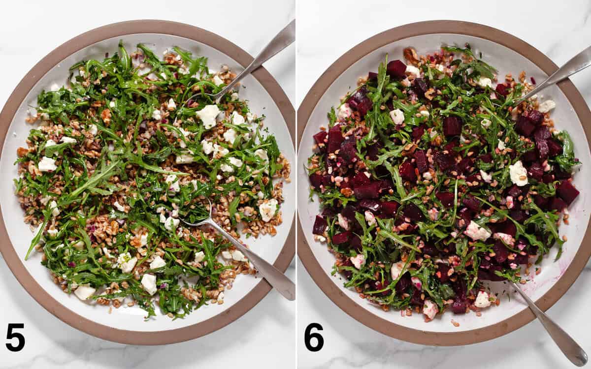 Salad tossed with ingredients and half the dressing in a large bowl. Roasted beets folded into salad.