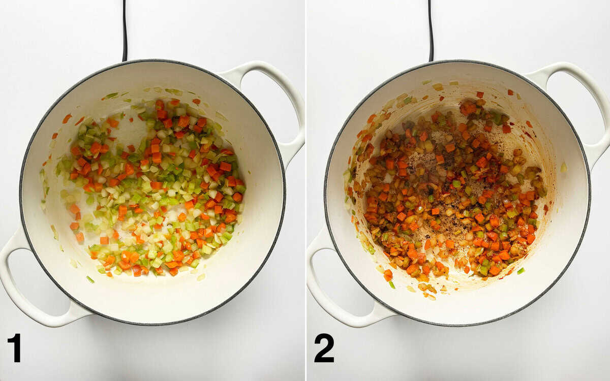 Onions, carrots and celery sauteing in a large pot. Garlic, tomato paste and seasonings stirred into onions, carrots and celery.