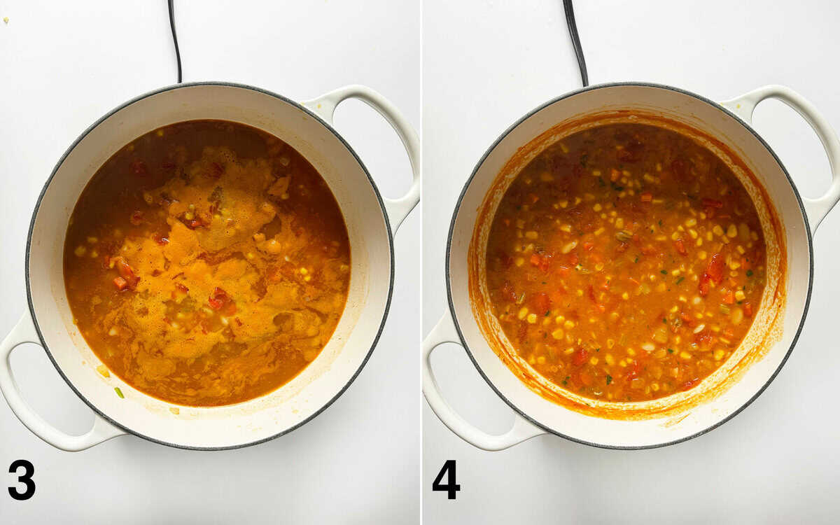 Canned tomatoes, butter beans, corn and veggie broth poured into pot. Soup after it thickens and finishes simmering.