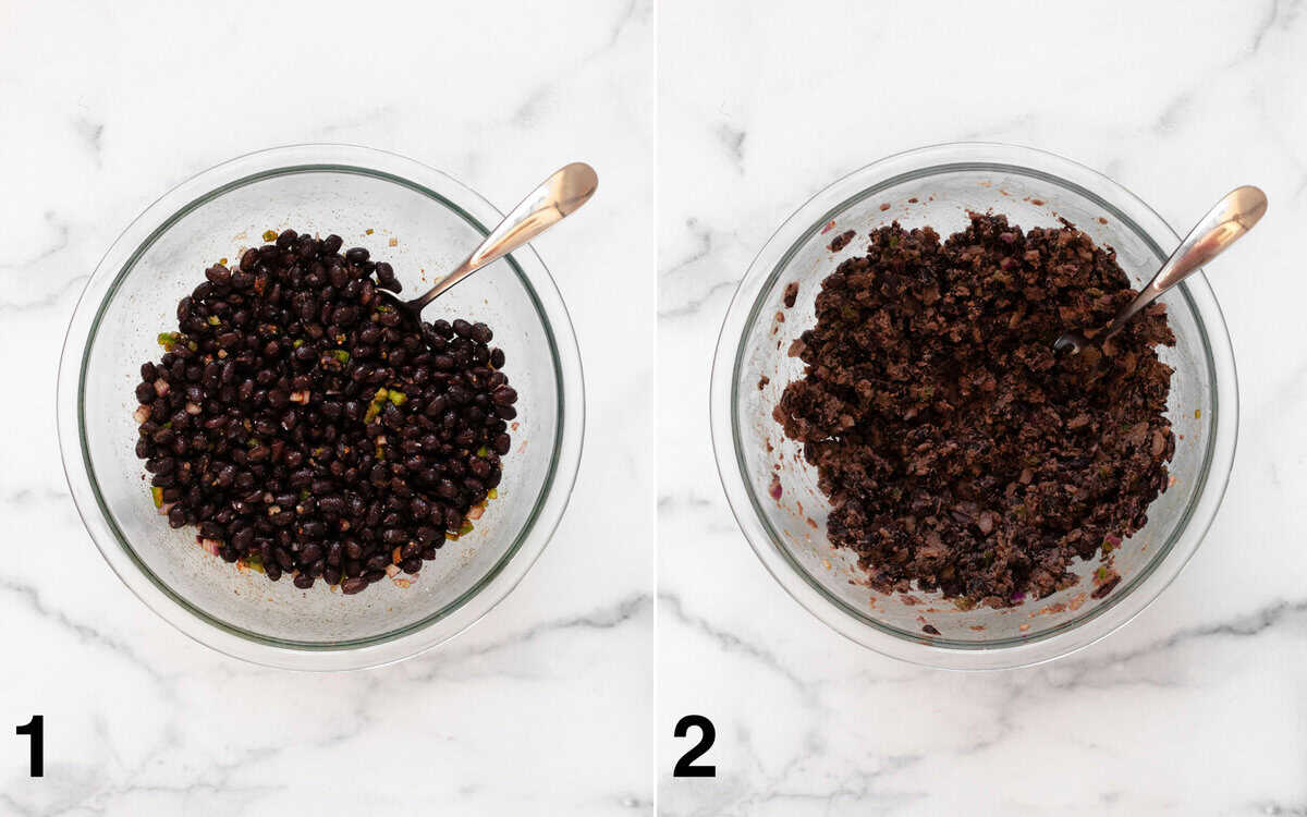 Black beans stirred in a bowl with red onions, jalapenos and spices. Black beans in a bowl mashed with a fork.