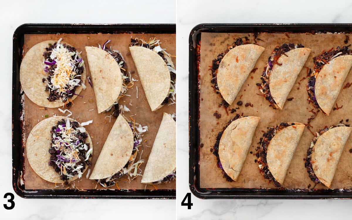 Assembled tacos on a sheet pan before and after they bake.