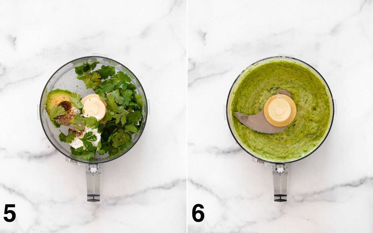 Avocado sauce ingredients in a food processor bowl before and after they are pureed.