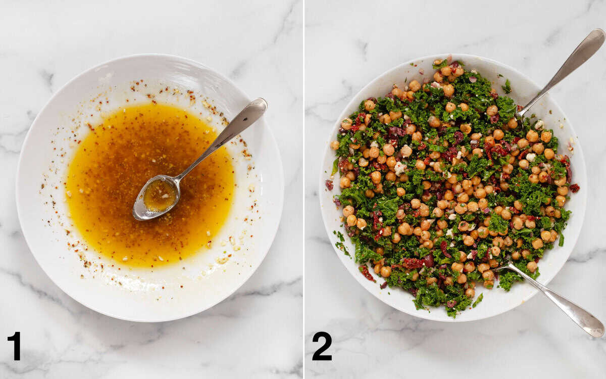 Vinaigrette whisked in a large bowl. Kale, chickpeas and the rest of the ingredients stirred into vinaigrette.