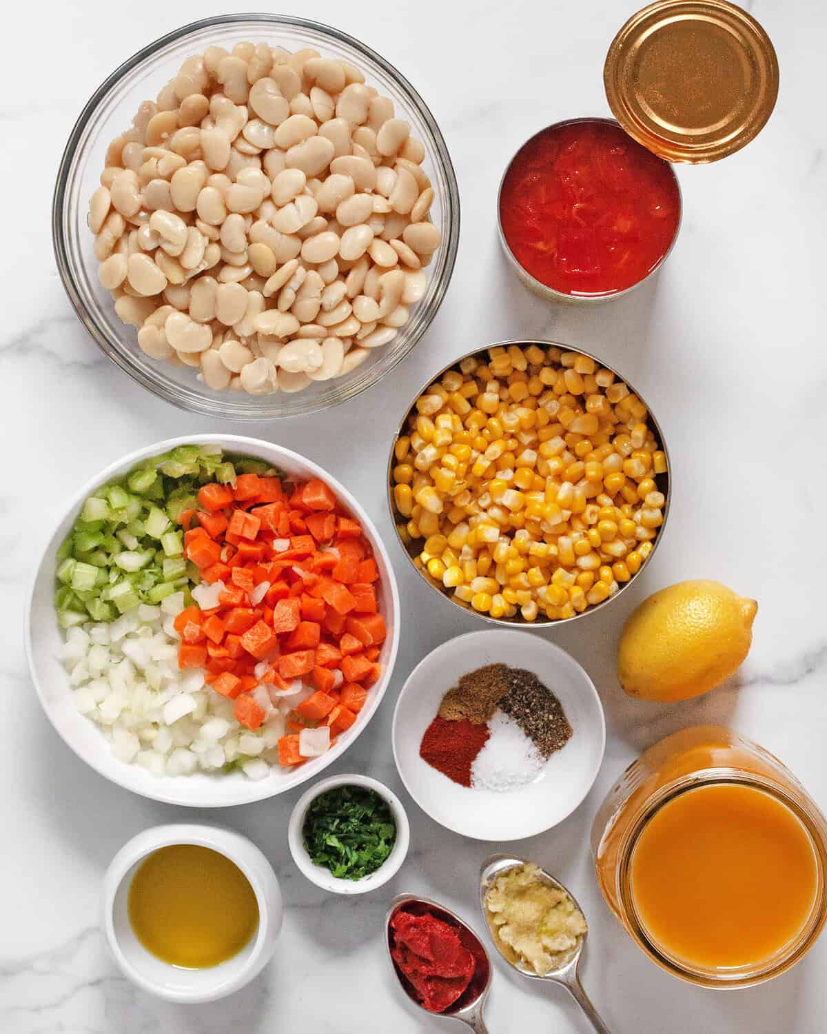Ingredients including butter beans, canned tomatoes, corn, onions, carrots, elery, lemon, parsley, garlic, tomato paste, olive oil and seasonings.
