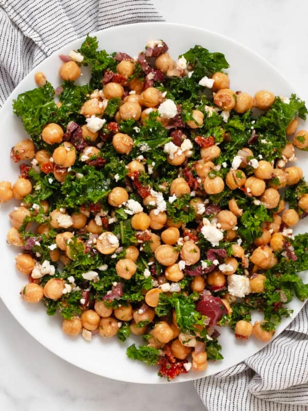 Kale chickpea salad on a plate.