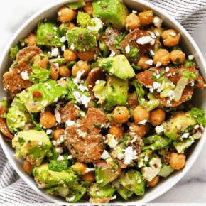 Avocado chickpea salad in a serving bowl.