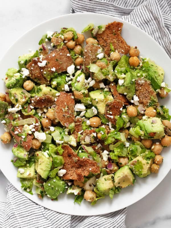 Chickpea avocado salad on a plate.