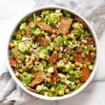 Avocado chickpea salad in a serving bowl.