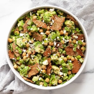 Avocado chickpea salad in a serving bowl.