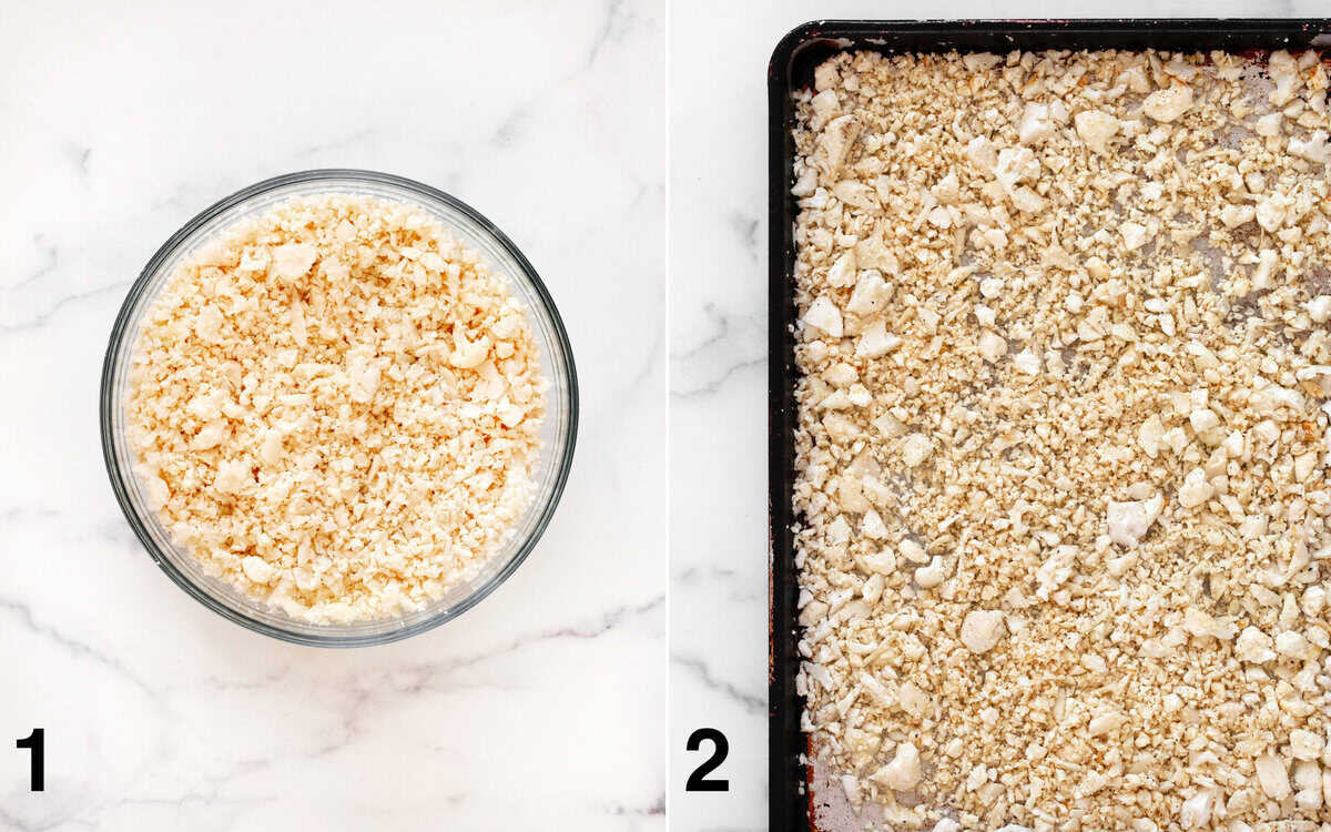 Chopped cauliflower in a bowl. Chopped cauliflower seasoned and spread across a sheet pan.