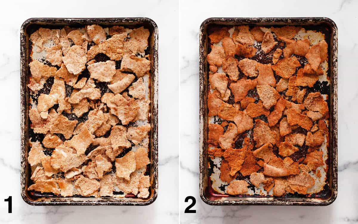 Pita chips on a sheet pan before and after they toast in the oven.