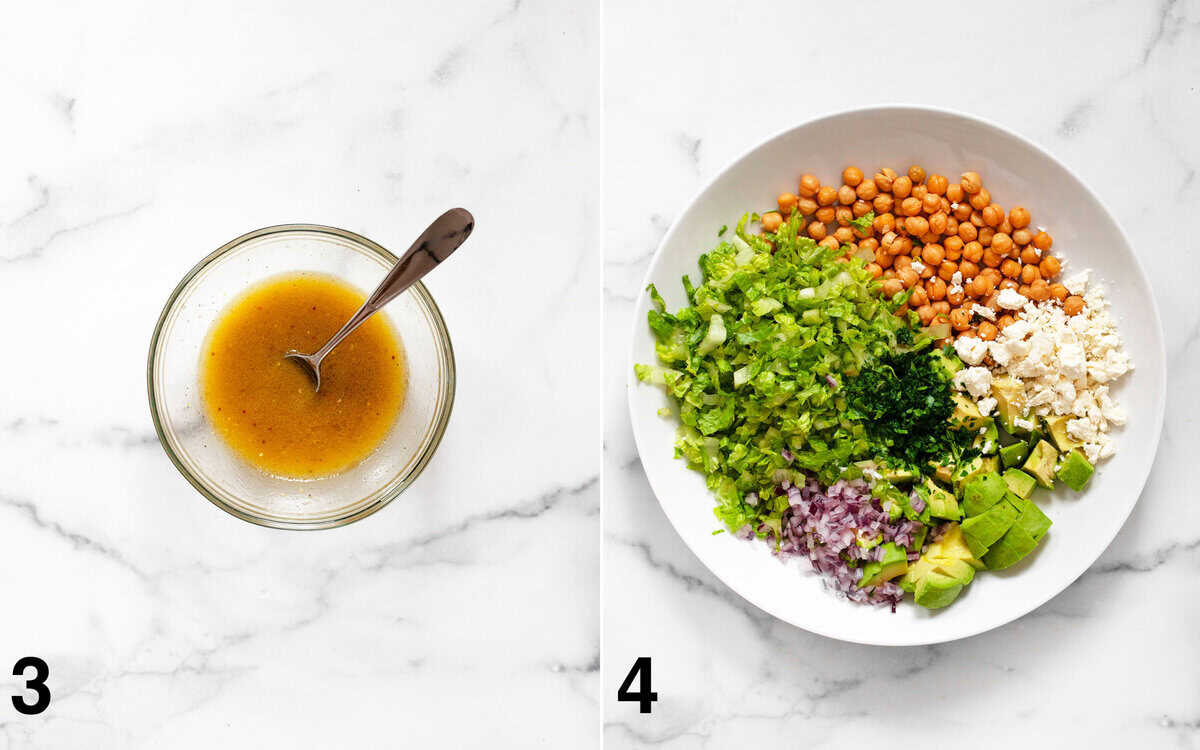 White wine vinaigrette whisked in a small bowl. Salad ingredients asesmbled in a large bowl.