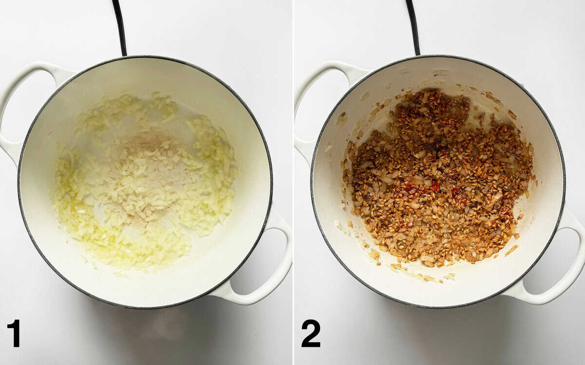 Onions sauteing in. dutch oven. Tomato paste, garlic, seasonings and farro stirred into sauteed onions.